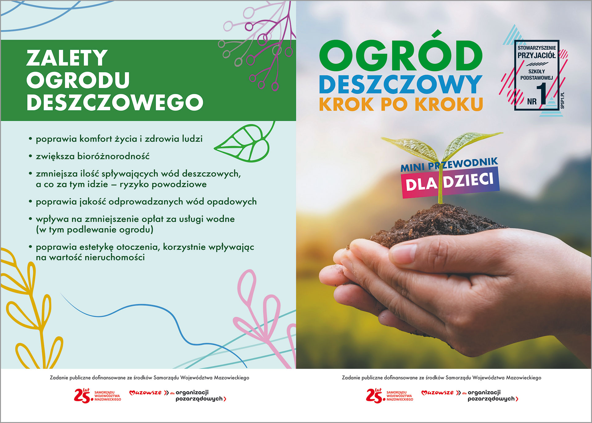 Ogród deszczowy krok po kroku. Mini przewodnik dla dzieci. Okładka zewnętrzna broszury. Zalety ogrodu deszczowego